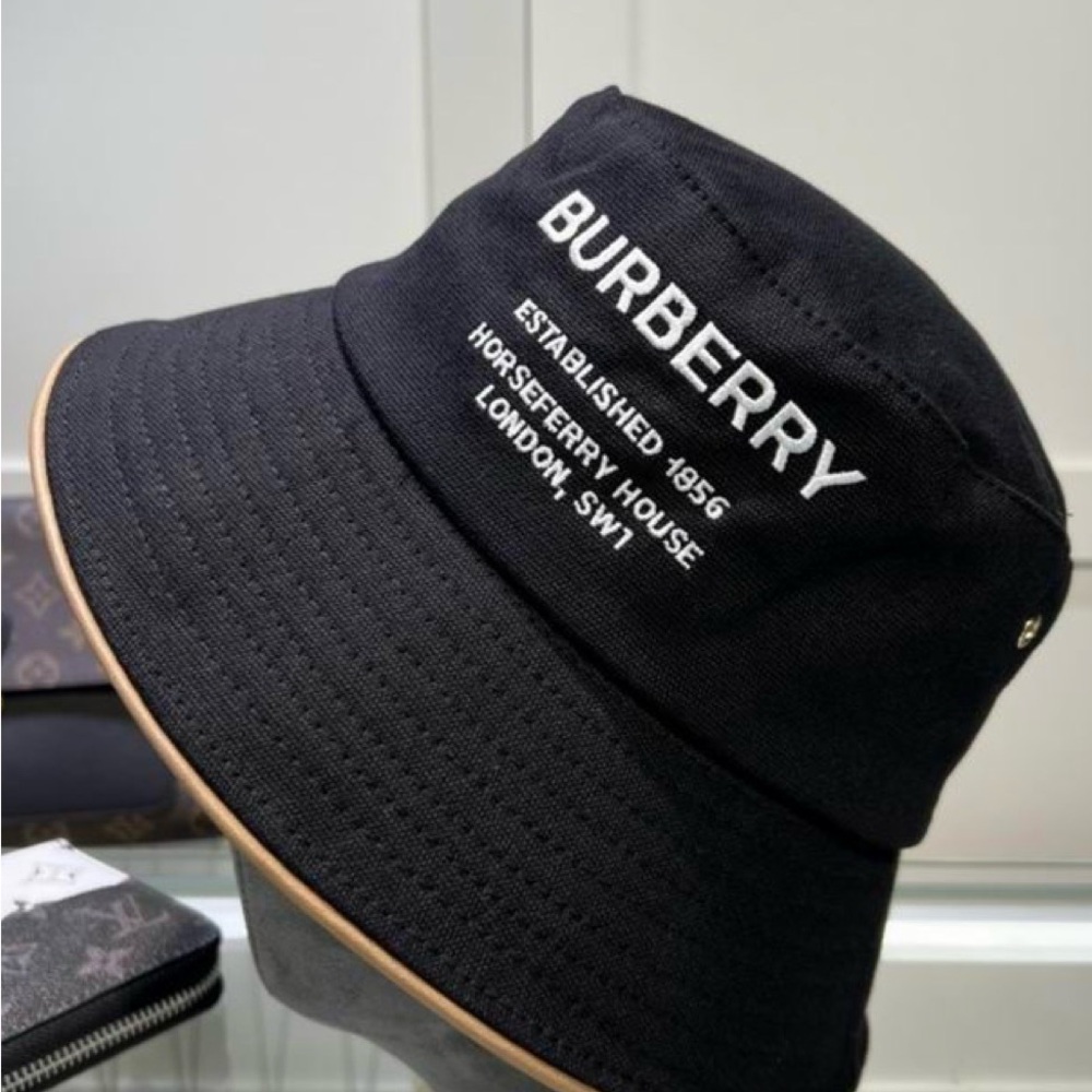 Burberry Black Bucket Hat with White Logo and Tan Trim